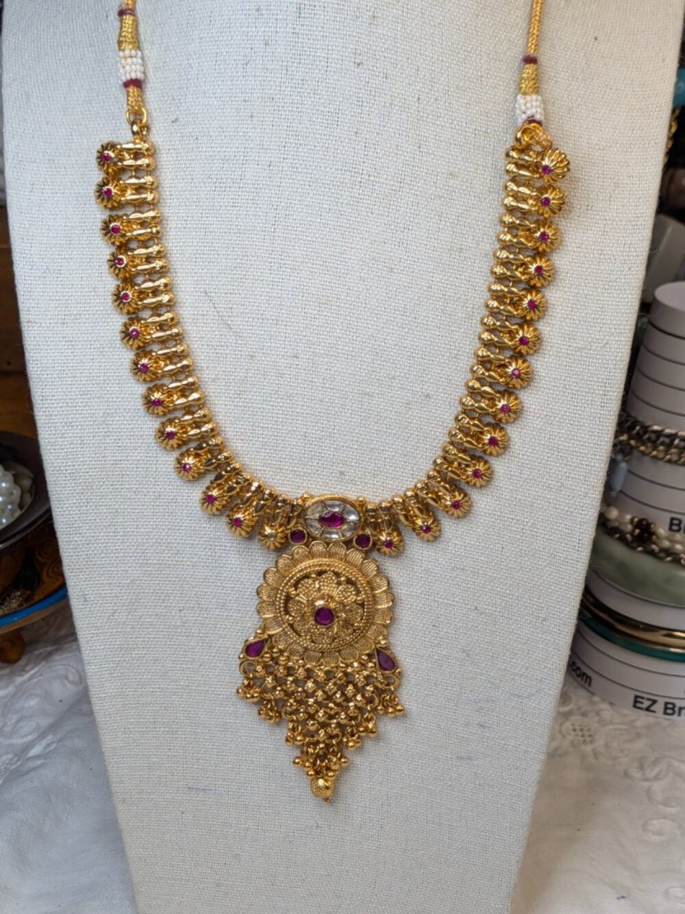 Vintage Ornate Gold Tone Necklace with Red Stones and Faux Pearls